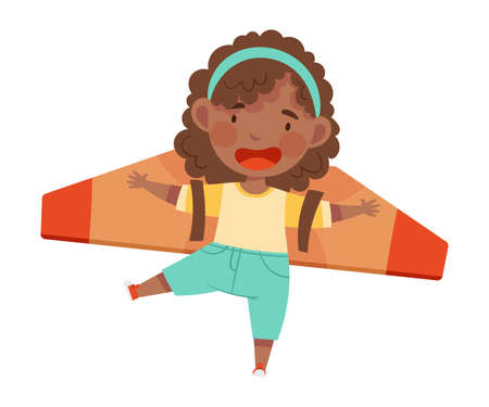Playful African American Girl with Improvised Fake Wings Flying and Playing Vector Illustrationのイラスト素材