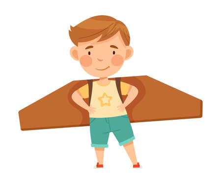 Playful Boy with Improvised Fake Wings Flying and Playing Vector Illustrationのイラスト素材