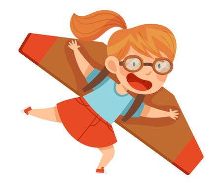 Smiling Girl in Goggles Flying and Piloting with Improvised Fake Aircraft Vector Illustrationのイラスト素材