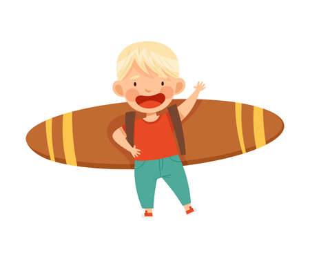 Playful Blond Boy with Improvised Fake Wings Flying and Waving Hand Vector Illustrationのイラスト素材