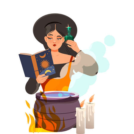 Woman as Fortune Teller or Psychic Reading Spell at Boiling Cauldron Predicting Future or Performing Occult Ritual Vector Illustrationのイラスト素材