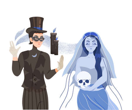 Man Psychic and Stage Magician Performing Trick and Occult Ritual Summoning Spirit Vector Illustrationのイラスト素材