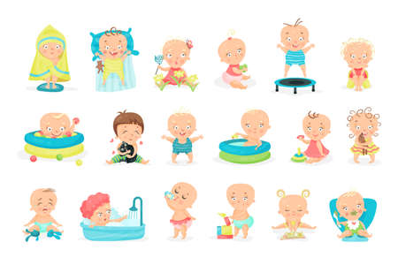 Toddler Playing with Toys and Sitting in Swimming Pool Vector Illustration Setのイラスト素材
