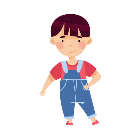 Dark-haired Boy Standing in Jumpsuit and Smiling Vector Illustrationのイラスト素材