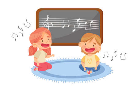 Funny Toddlers in Kindergarden Sitting on the Floor and Singing Song Vector Illustrationのイラスト素材