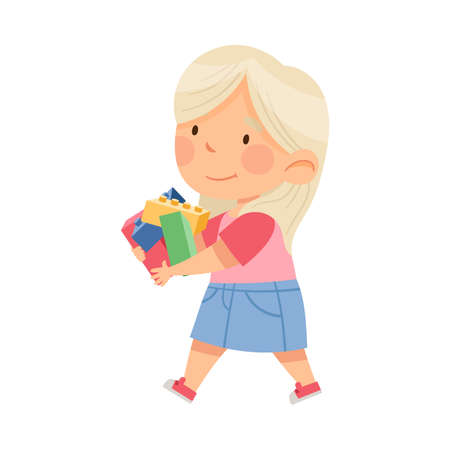 Smiling Blond Girl Carrying Pile of Toy Blocks in Playroom Vector Illustrationのイラスト素材