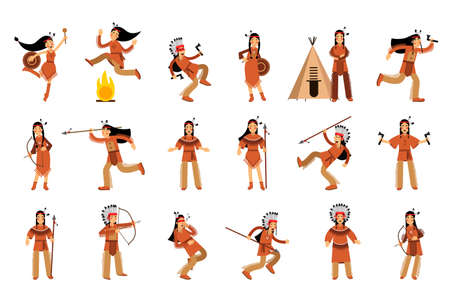Red Indian or American Indians Men and Woman in National Clothing Standing with Spear and Dancing Vector Illustration Setのイラスト素材