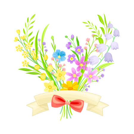Blooming Flower Bunch with Ribbon and Bow as Spring Vector Compositionのイラスト素材