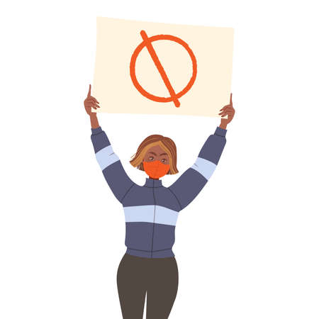 Young Girl Wearing Face Mask Holding Placard or Banner with Ban Sign Supporting Street Protest Against Human Rights Violation Vector Illustrationのイラスト素材