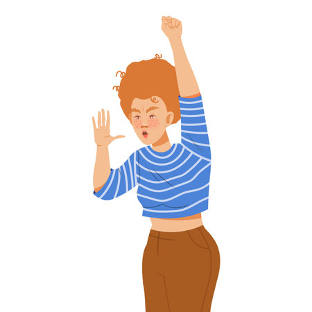 Young Woman Raising Her Hand Up Supporting Street Protest Against Human Rights Violation Vector Illustrationのイラスト素材