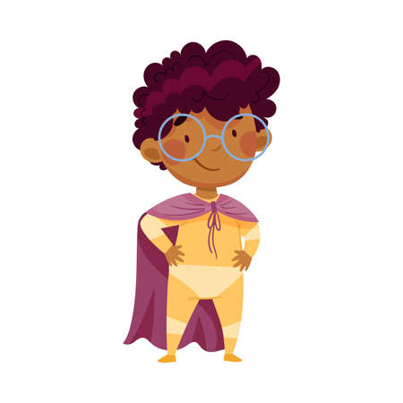 Pretty African American Boy Wearing Cape as Superhero Standing with His Hands on Hips Pretending Having Power for Fighting Crime Vector Illustrationのイラスト素材