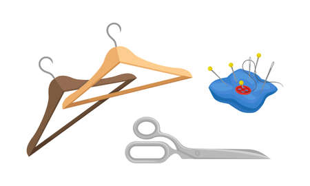 Sewing and Tailoring Accessories with Pair of Scissors and Clothes Hanger Vector Setのイラスト素材