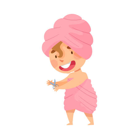 Smiling Girl with Her Hair Wrapped in Towel after Taking Bath Cutting Her Nails Vector Illustrationのイラスト素材