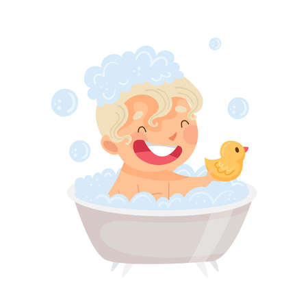 Little Boy Sitting in Tub Full of Foam Taking Bath in Bathroom Washing with Soap Vector Illustrationのイラスト素材