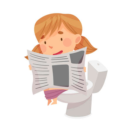 Little Girl Sitting on Toilet Bowl and Reading Newspaper Vector Illustrationのイラスト素材