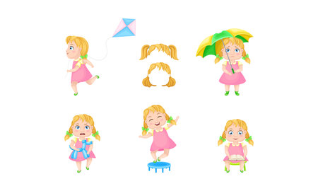 Girl Character Reading Book and Playing with Kite Vector Setのイラスト素材