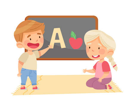 Little Girl and Boy in Kindergarden Learning English Alphabet Vector Illustrationのイラスト素材