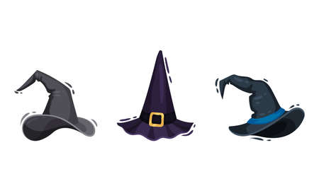 Witch Pointed Hat with Belt and Wide Brim Vector Setのイラスト素材