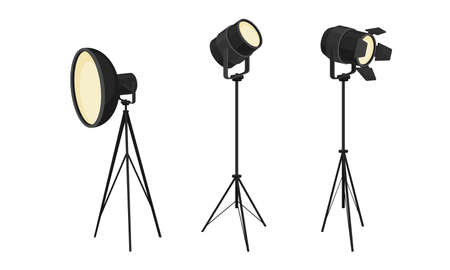 Photographer Studio Lighting Equipment with Spotlight and Lamp Vector Setのイラスト素材