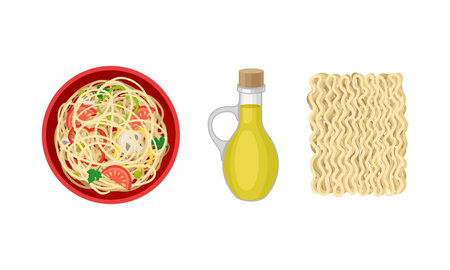 Chinese Noodles with Vegetables Rested in Bowl and Dry Pasta Vector Setのイラスト素材
