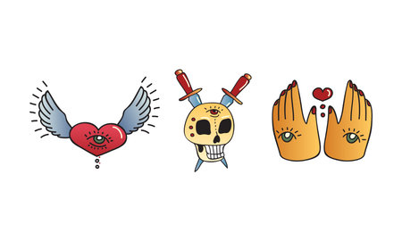 Old School Tattoo Elements and Symbols with Skull and Hand Vector Setのイラスト素材