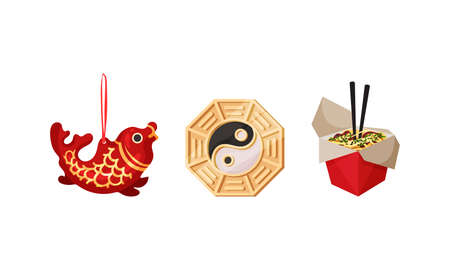 Chinese Culture Symbols with Carp Fish Amulet and Wok Noodle Box Vector Setのイラスト素材