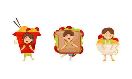 Little Boy and Girl Dressed in Chinese Noodle and Sandwich Outfit Enjoying Fancy Carnival Vector Setのイラスト素材