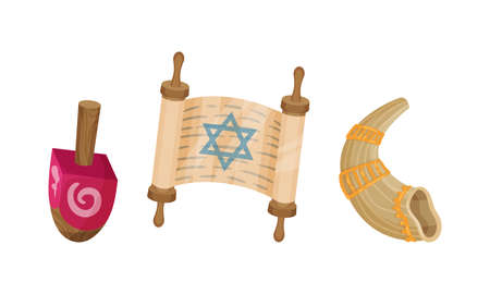 Dreidel and Torah Scroll as Hanukkah Symbols and Objects for Jewish Holiday Celebration Vector Setのイラスト素材
