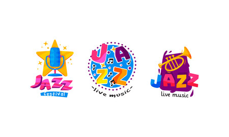 Colorful Logos for Jazz Music Festival or Live Concert Vector Setのイラスト素材