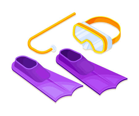 Rubber Swimfin or Flippers and Goggles for Snorkeling as Beach Vacation Isometric Vector Compositionのイラスト素材