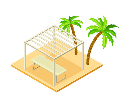 Square Sand Area with Shelter Shed and Palm Trees as Beach Vacation Isometric Vector Illustrationのイラスト素材