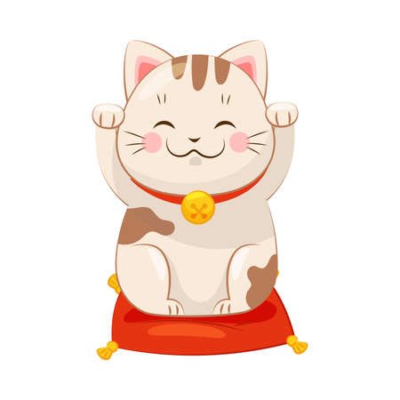 White Maneki-neko Cat with Raised Paws as Ceramic Japanese Figurine Bringing Good Luck Vector Illustrationのイラスト素材