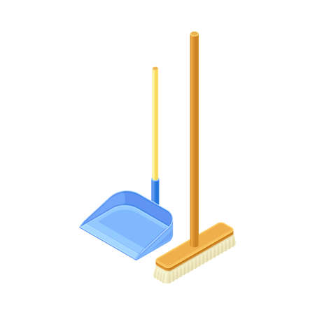 Broom and Dustpan with Wooden Handle as Household Cleaning Equipments Isometric Vector Compositionのイラスト素材
