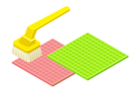 Scrub Brush with Handle Cleansing Mat as Household Cleaning Equipments Isometric Vector Compositionのイラスト素材