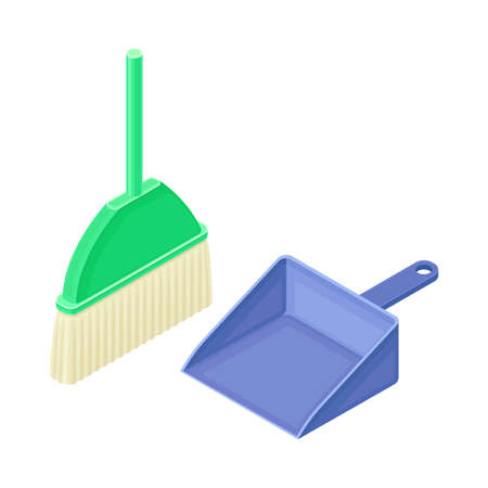 Broom and Dustpan as Household Cleaning Equipments Isometric Vector Compositionのイラスト素材
