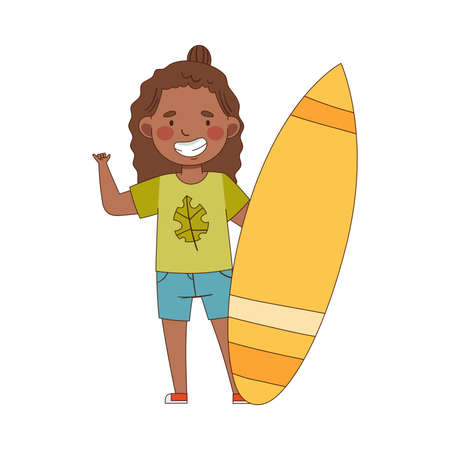 African American Emoji Girl with Surfboard Showing Shaka Sign as Friendly Gesture of Surf Culture Vector Illustrationのイラスト素材