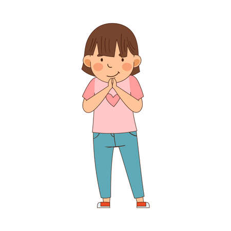 Emoji Girl with Short Hair Holding Hands Together in Anticipation Vector Illustrationのイラスト素材