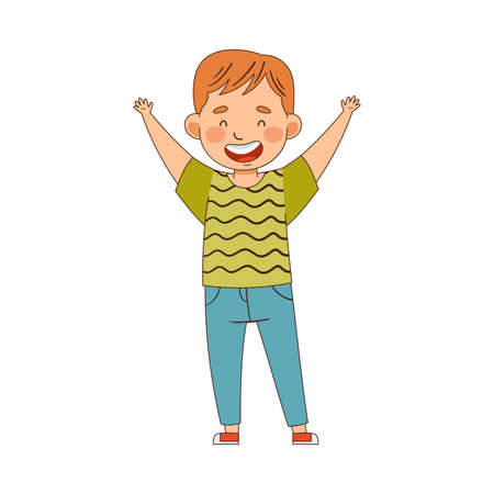 Redhead Emoji Boy with Hands Raised Up in Salute or Cheering Gesture Vector Illustrationのイラスト素材
