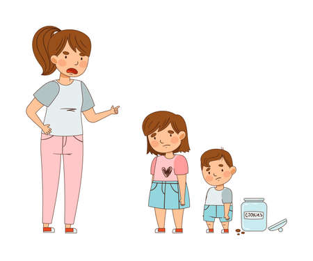Mother Scolding Little Kids for Eaten Cookies as Family Relations Vector Illustrationのイラスト素材