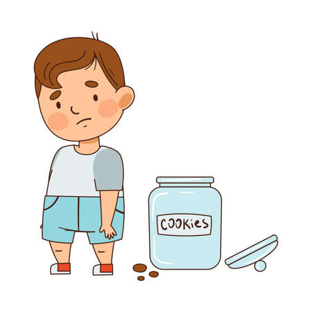 Cute Infant Boy with Sad Face Feeling Guilty Vector Illustrationのイラスト素材
