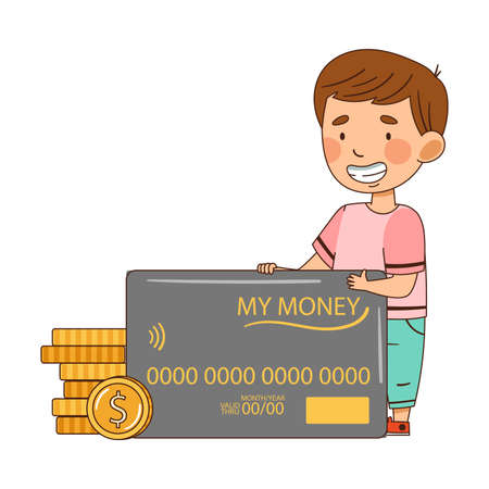 Little Boy Standing Near Debit Card and Dollar Coins Vector Illustrationのイラスト素材