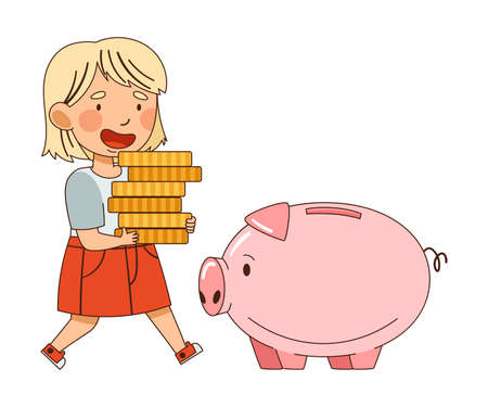 Little Blond Girl Carrying Pile of Coins in Piggy Bank Vector Illustrationのイラスト素材