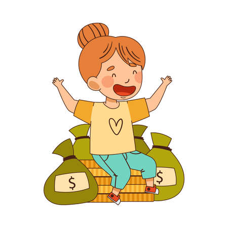 Happy Little Girl Sitting on Pile of Coins with Dollar Sack Nearby Vector Illustrationのイラスト素材