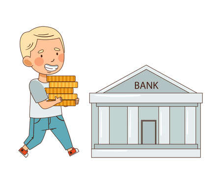 Little Blond Boy Carrying Pile of Coins in Bank Vector Illustrationのイラスト素材