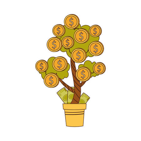 Dollar Green Tree Growing in Flowerpot with Coins and Dollar Banknotes as Asset and Money Abundance Vector Illustrationのイラスト素材