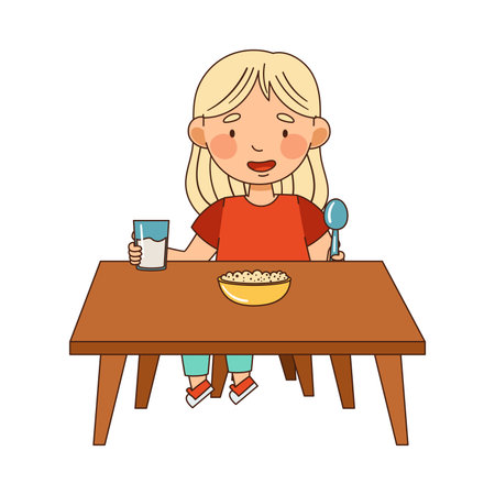 Little Blond Girl in Kindergarden Sitting at Table Eating Cereal and Drinking Milk Vector Illustrationのイラスト素材