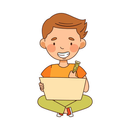 Little Boy in Kindergarden Sitting on the Floor with Pencil and Drawing Vector Illustrationのイラスト素材