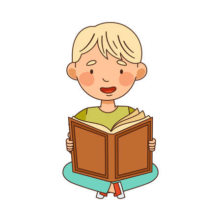 Blond Little Boy in Kindergarden Sitting on the Floor and Reading Book Vector Illustrationのイラスト素材