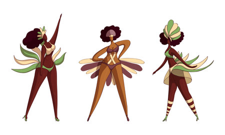Brazilian Dark Skinned Samba Dancer in Feathered Costume Vector Set