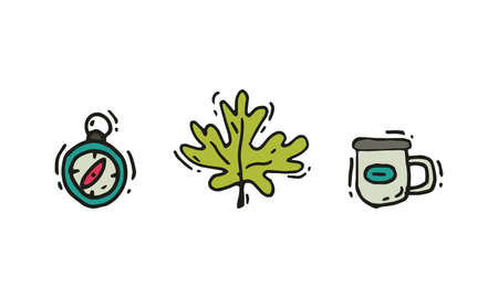 Camping and Expedition Equipment with Compass and Mug Vector Setのイラスト素材